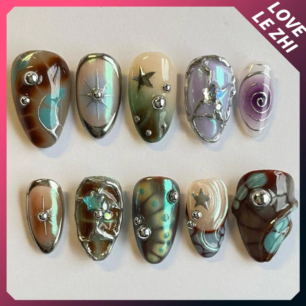 Y2K Metal Ellipse European Almond Handmade Press On Nails Mechanical Cyber Style Star Diamond Full Coverage Fake Nail Tip