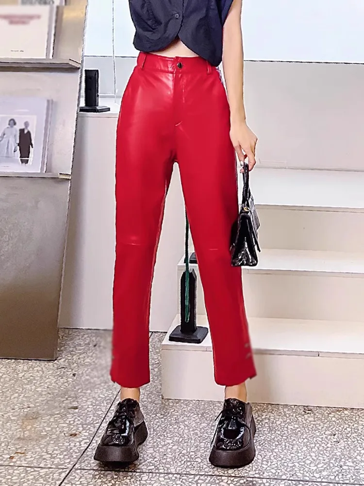 

Women's Leather Pants, Ankle Length Pencil Pants, Elastic Waist Sheepskin Pants, Cigarette Straight Pants