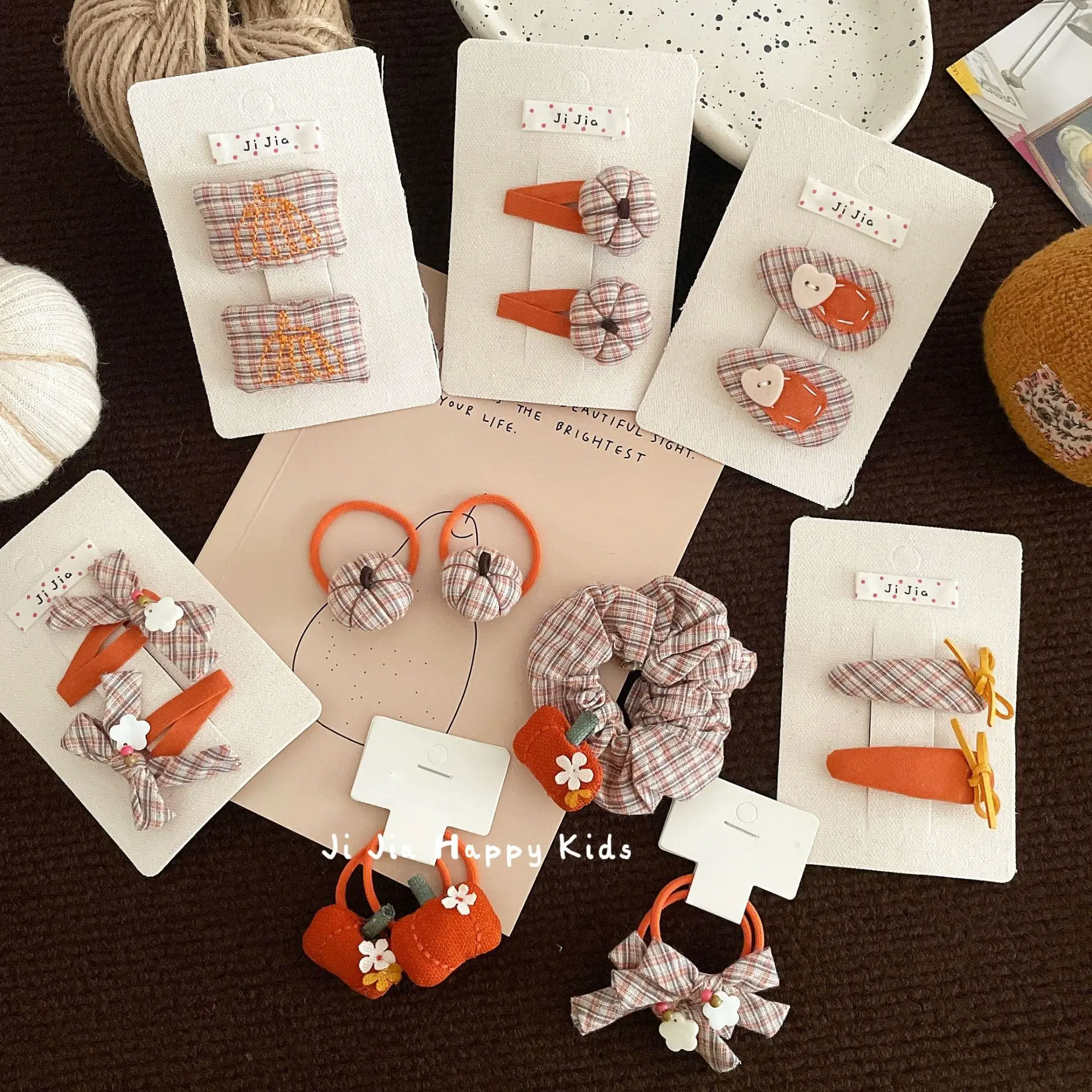 Hair Ties Hair Clips Girls Pumpkin Plaid Bow Orange Contrast Fabric Cute Sweet Kids Side Bangs Headwear Accessories Lightweight