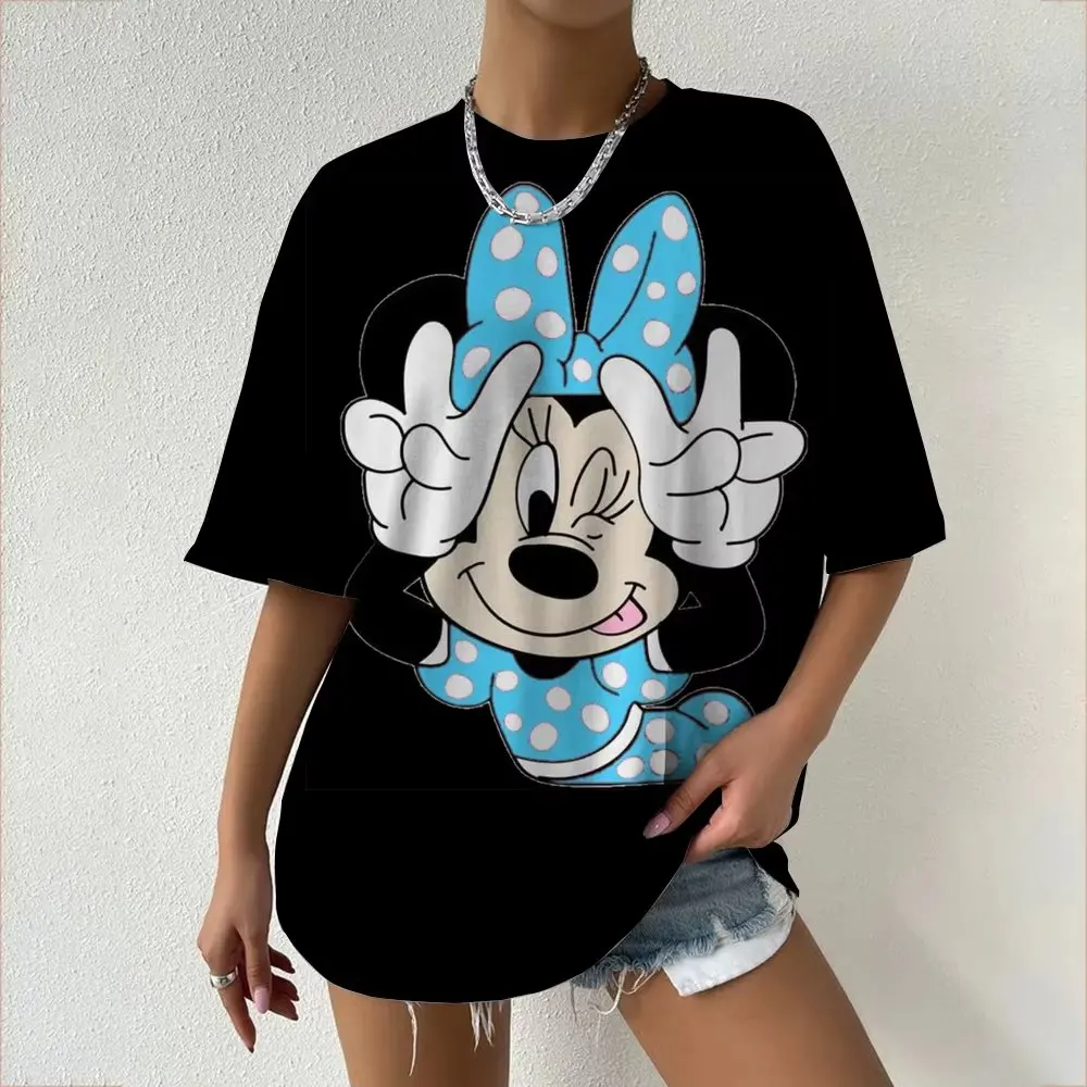 المرأة تي شيرت ديزني ميكي ميني ماوس لطيف الكرتون طباعة الصيف عادية القطن قصير الأكمام المحملة موضة الشارع الشهير Y2k القمم