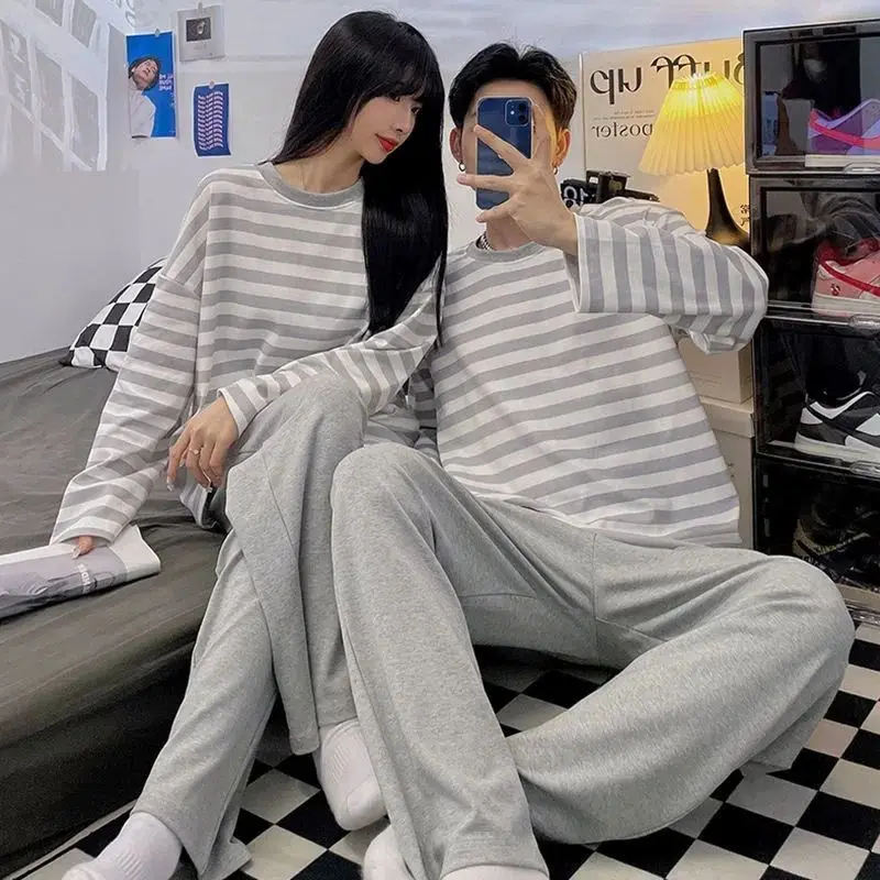 Couple Pajamas for Men Striped Sleepwear Korean Sleeping Night Wear O-neck Pijama 2 Pcs Pants Sets Autumn Casual Home Suit 2024