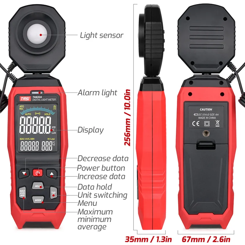 TASI TA632A TA632B Digital Light Meter Photography Luxmeter Detachable Probe Illuminometer Lux/Fc Photometer Enviromental Tester