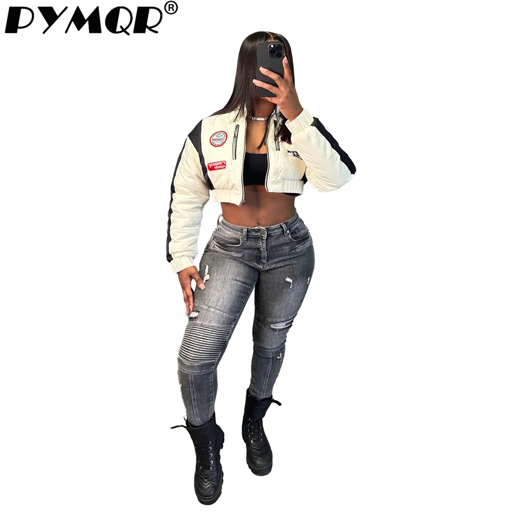 

PYMQR New Fashion Ripped Jeans Woman Black Baggy Locomotive Style Mid Wiast 2023 Winter Y2K Streetwear Female Trousers