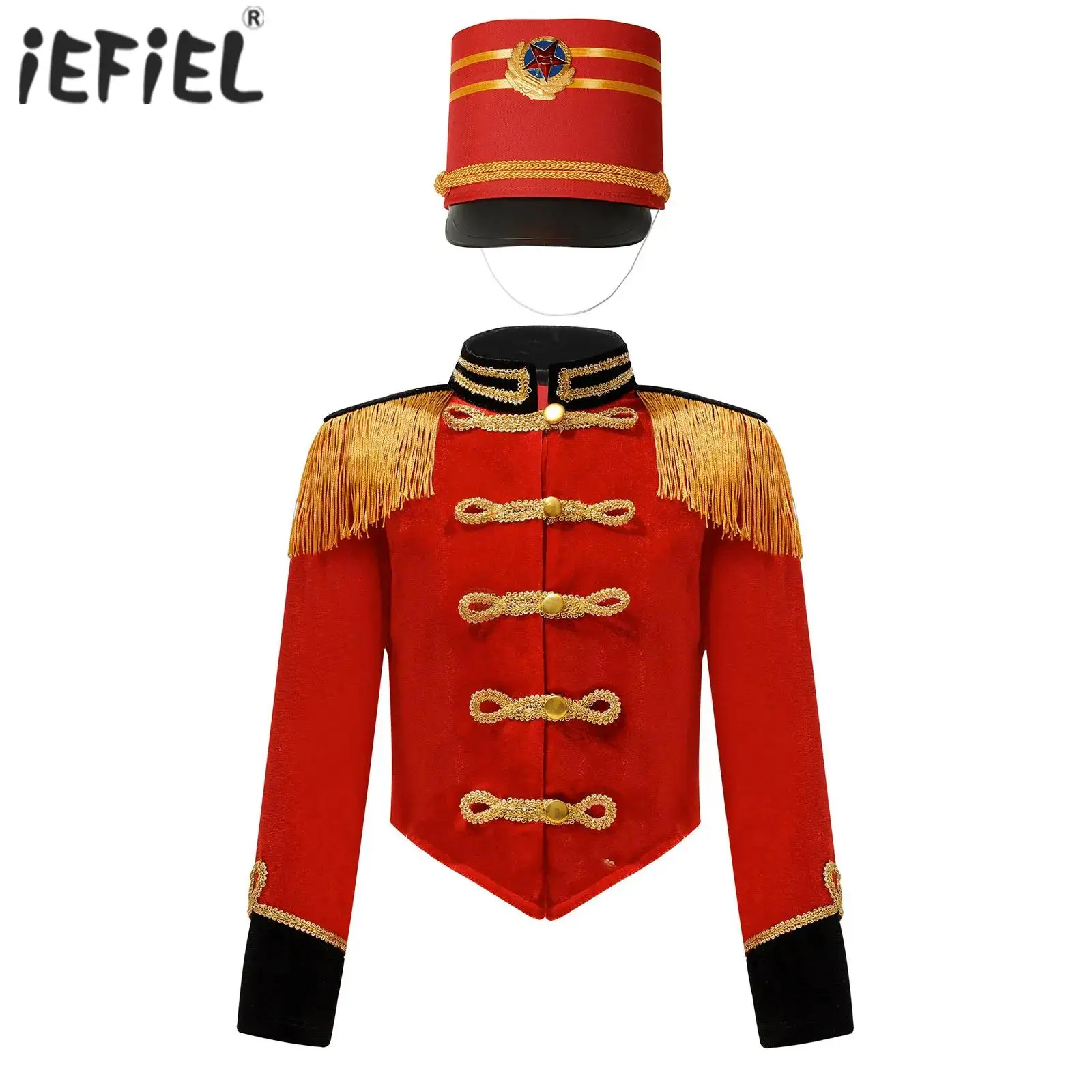 iEFiEL Kids Boys Girls Halloween Costume Red Circus Ringmaster Jacket Drum Majorette Cosplay Tops with Hat Toy Soldier Dress Up