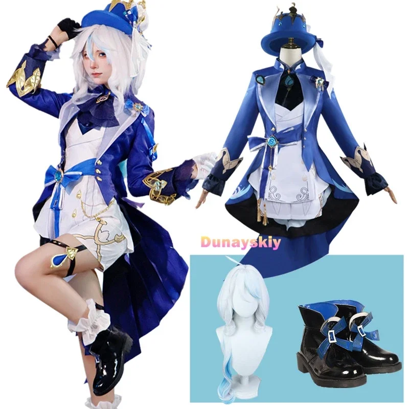 Costume de Cosplay de Game Impact Furina Focalors pour Femme, Ensemble Complet avec Chapeau, Tenue d'Halloween