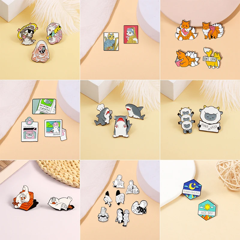 2-7 Pcs/Set Enamel Pins Shark Chef Sheep Fox Pigeon Sculpture Cat Alloy Brooch Animal Badge Cute Trendy Lapel Jewelry Gift