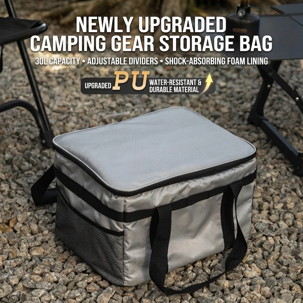 30L PU Waterproof Camping Gear Storage Bag Adjustable Dividers Shockproof Outdoor Cookware Bag for Stove Gas Canister Tableware
