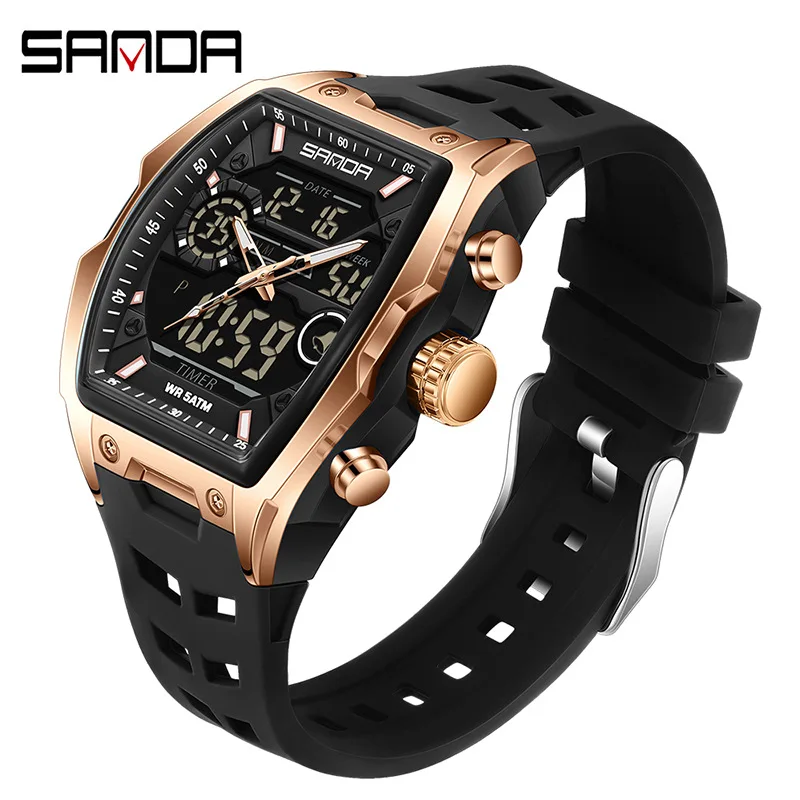 Men's 5ATM Waterproof Digital Sports Watch Wine Barrel Design Multifunctional Electronic Wristwatch Luminous Student Alarm Clock