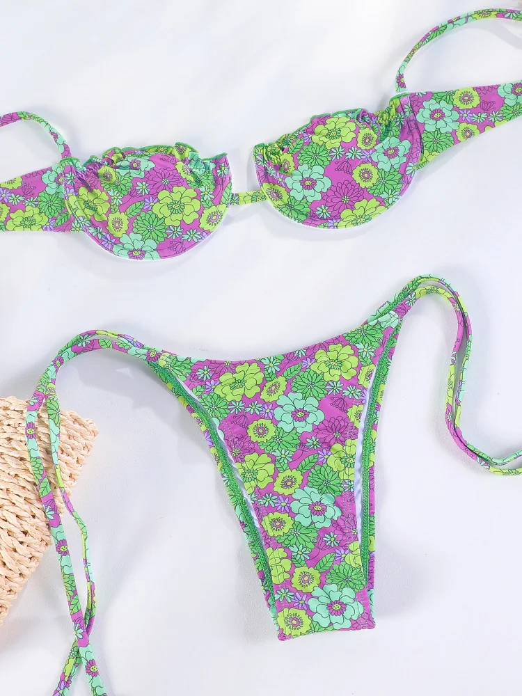 

ZRTAK String Swimwear Bikini Set Cup Beachwear Print Swimsuit Biquinis Sexy Bikinis Bow Micro Bathing Suit Women Bikini