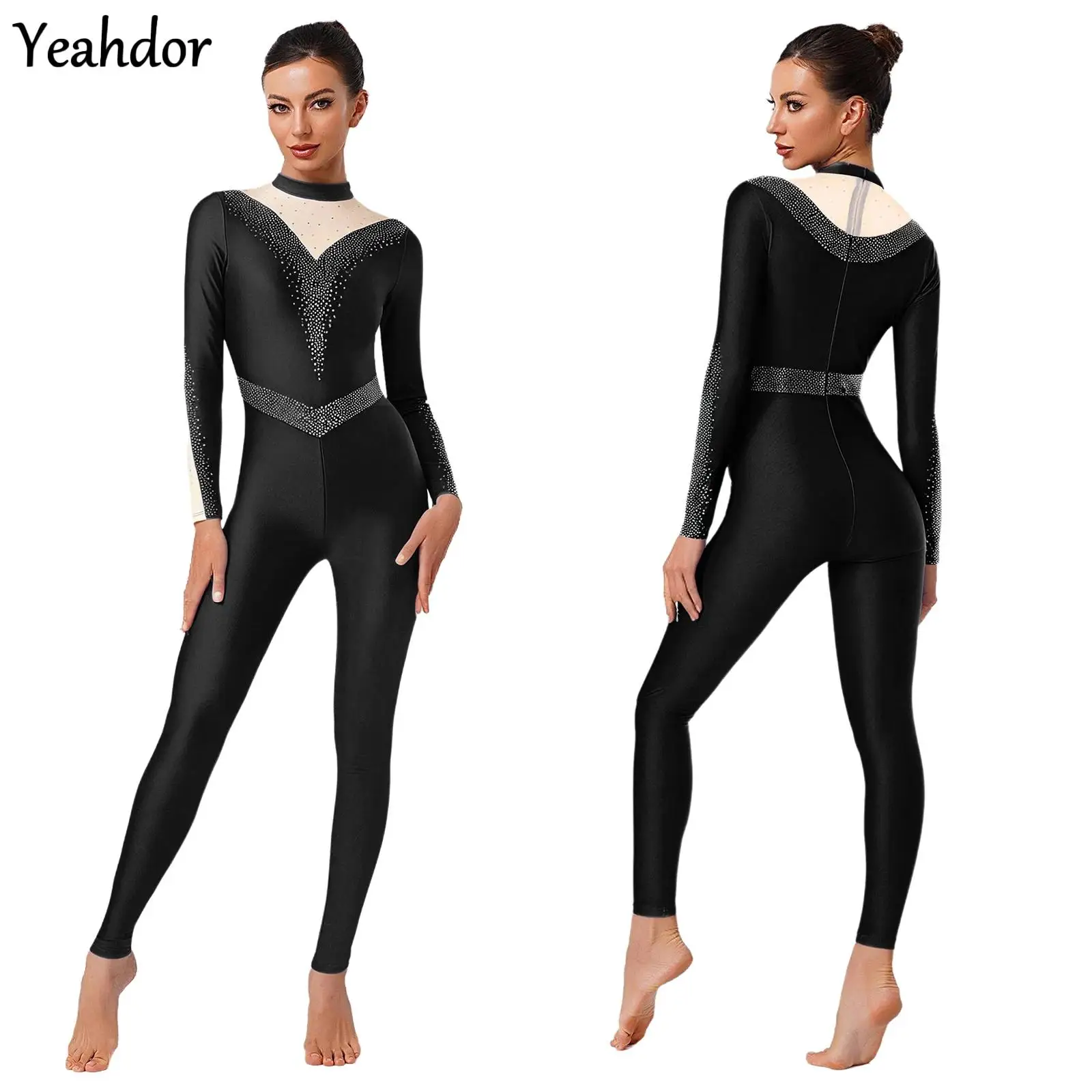 

Women Dance Jumpsuit Rhinestones Ballet Dance Leotard Mock Neck Long Sleeve Long Pants Gymnastics Bodysuit Training Dancewear