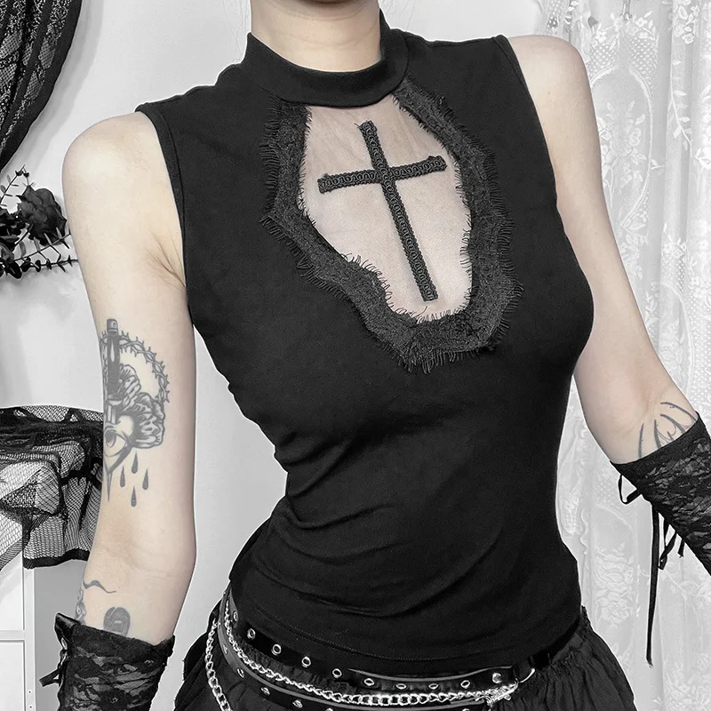 Y2K Goth Black Lace Tank Tops Sexy 90s Vintage Red Cross Corset Crop Top Clothes for Women Summer Sleeveless Tees Streetwear