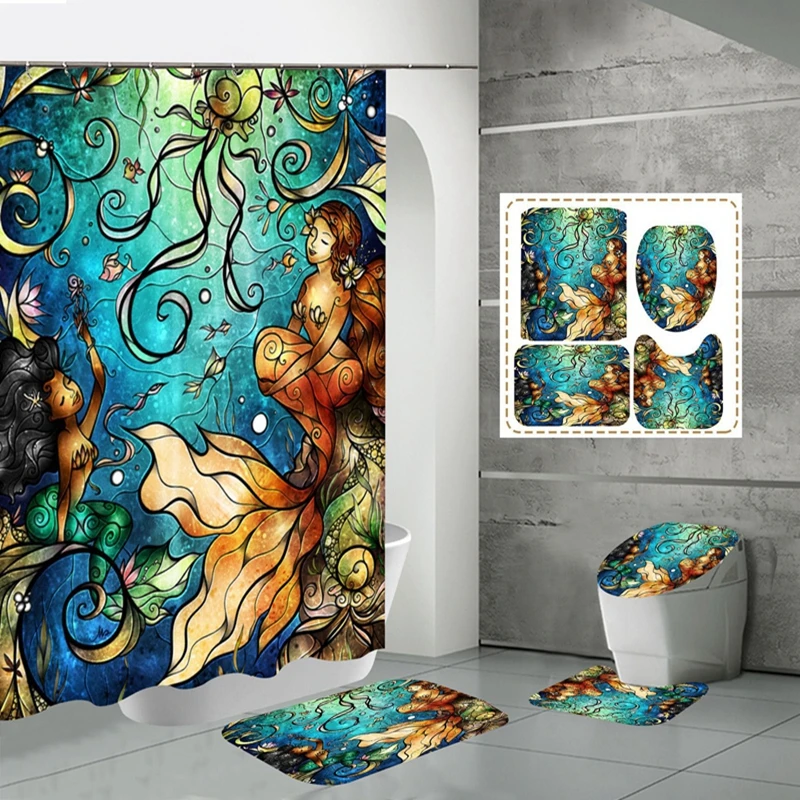 4pcs Mermaid Shower Curtain Set,Lifelike Mermaid Holding A Sea Lily Magic Aquatic World Theme,Cloth Fabric Bathroom Curtains Set