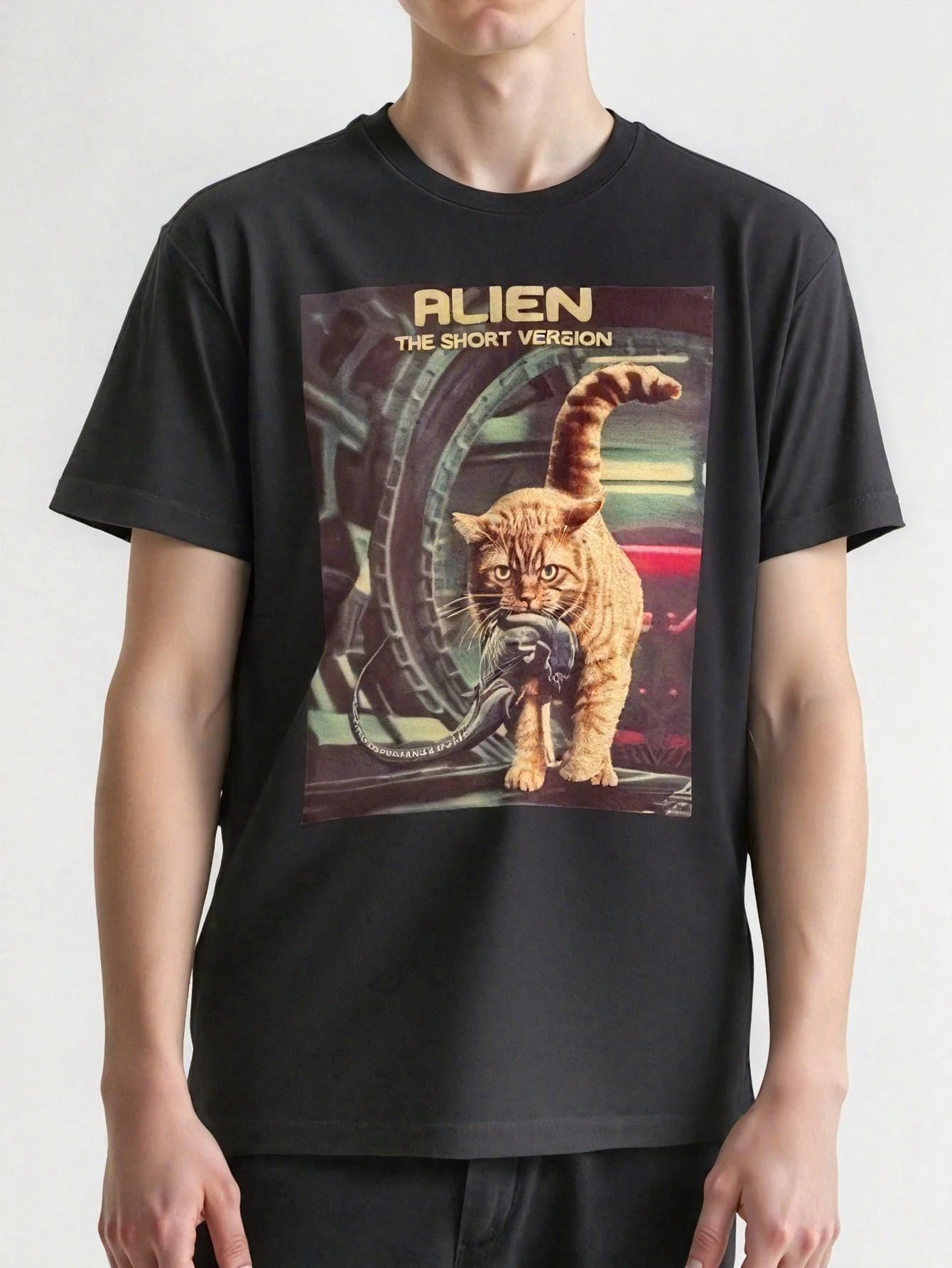 Alien Cat The Short Version Graphic Tee Men's Breathable Casual Cotton T-Shirt Sci-Fi Movie Parody Gift