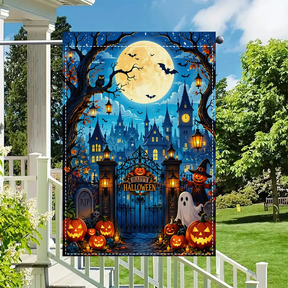 1pc Halloween Spooky Castle Garden Flag, double sided print, perfect for patio and outdoor holiday decorations (pole not include