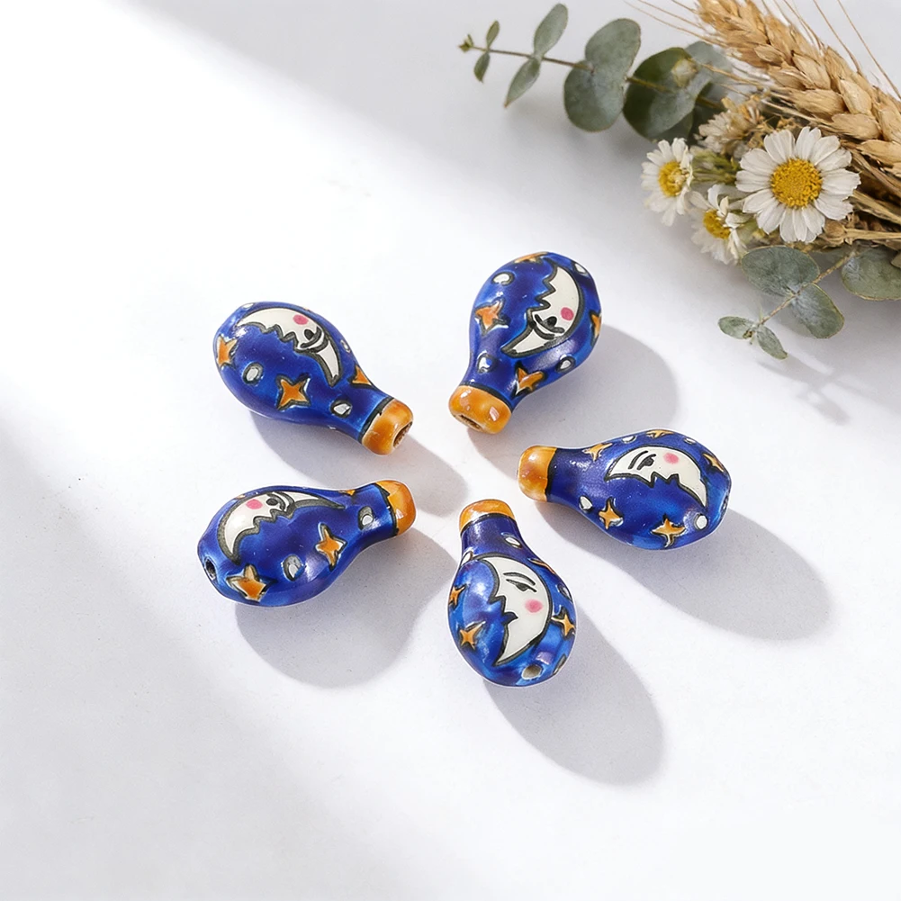 2pcs Hand-Painted Ceramic Moon Blue Vase Beads Jewelry Spacer Beads for DIY Necklace Strings Home Decor Curtain Hanging Trims