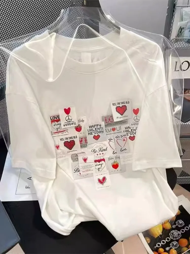 America High Street Lovely Red Heart Pattern T-shirts Men Women Loose Casual White Tops Fashion Summer Niche Clothes Punk Rock