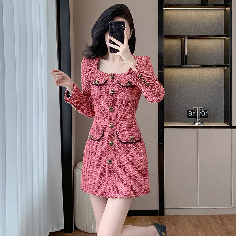 Spring Autumn Women\'s Pink High-Quality Fragrant Coarse Woolen Dress