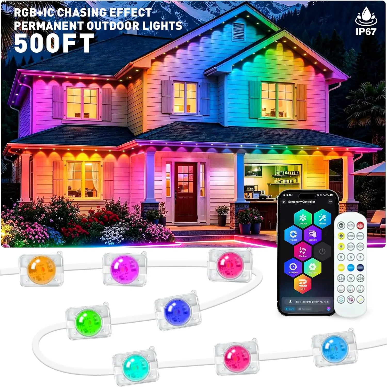 Permanent Outdoor Eaves Lights, 500FT RGB+IC Smart Addressable, IP67 Waterproof, App & Voice Controlled, Holidays