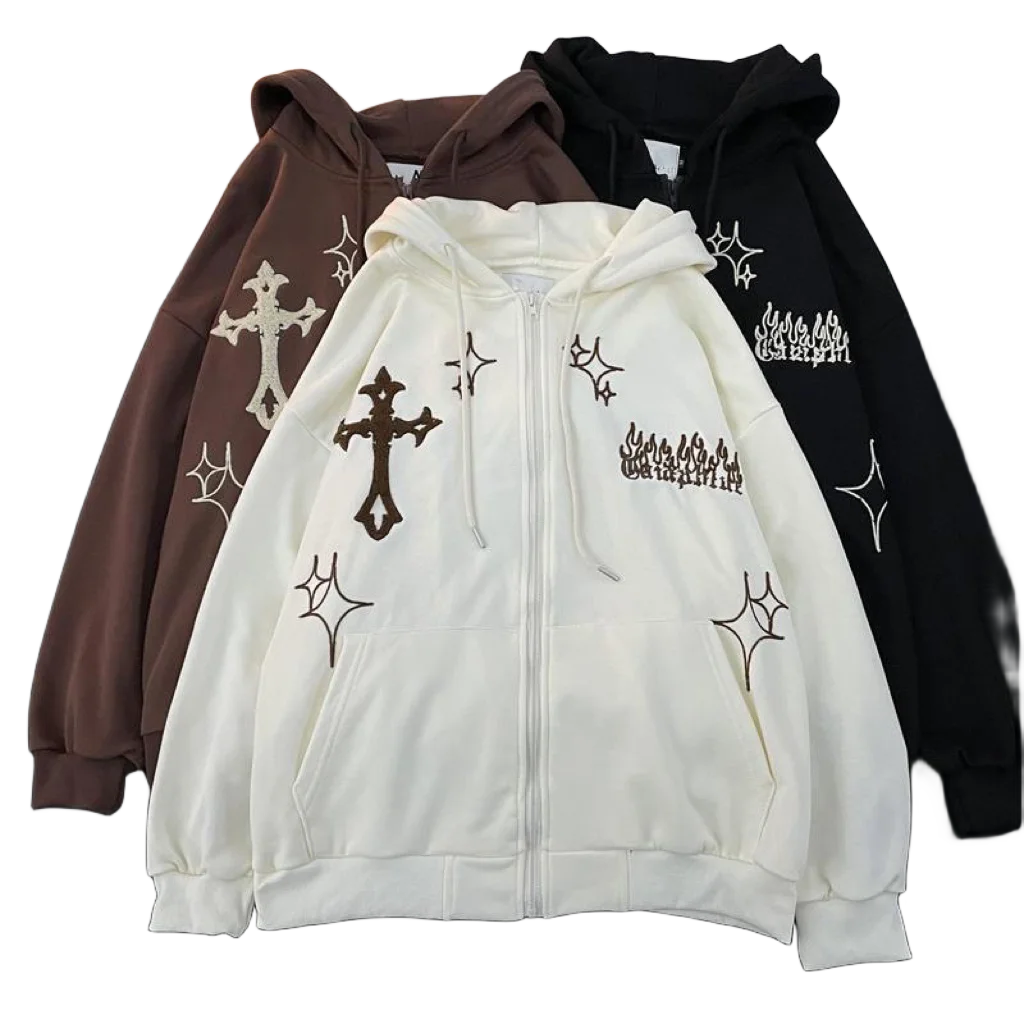 Cardigan hooded sweater embroidered cross spring and autumn American hip-hop couple loose fitting vintage top cross for men and