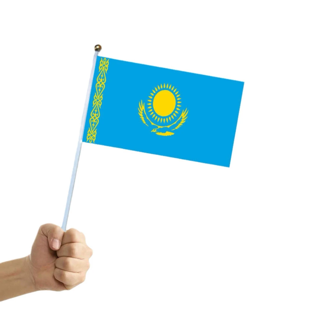 YIXIN Kazakhstan Hand Flag  14*21cmKazakhstan hand waving Flag  Polyester Double Side Printing KZ Hand Flag with plastic flagpol