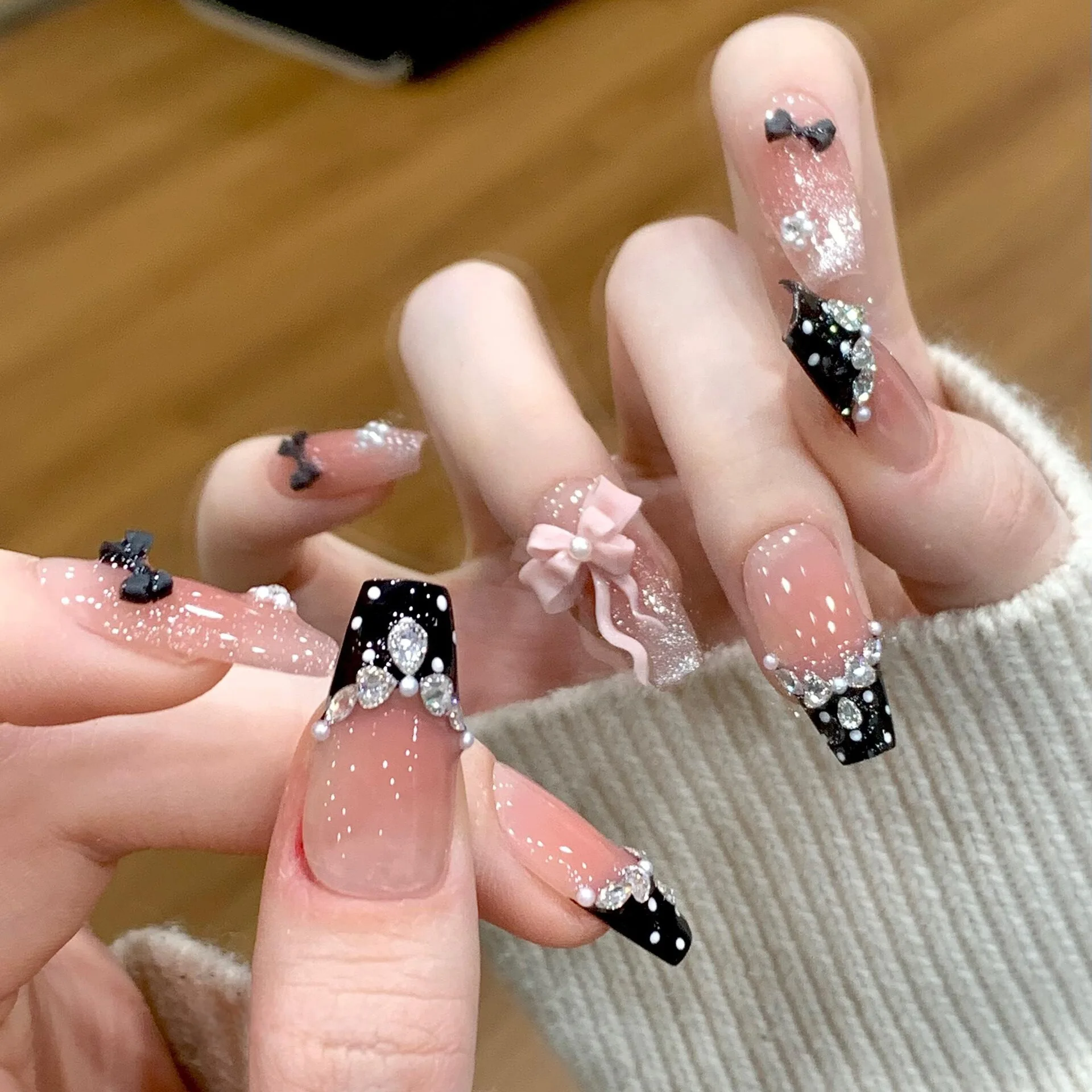 10 Uds. Set de Uñas Postizas Francesas con Lazo, Ojo de Gato, Purpurina, Diamantes y Perlas, Diseño Dulce y Moderno, Uñas Postizas Tipo Ataúd con Punta a Presión