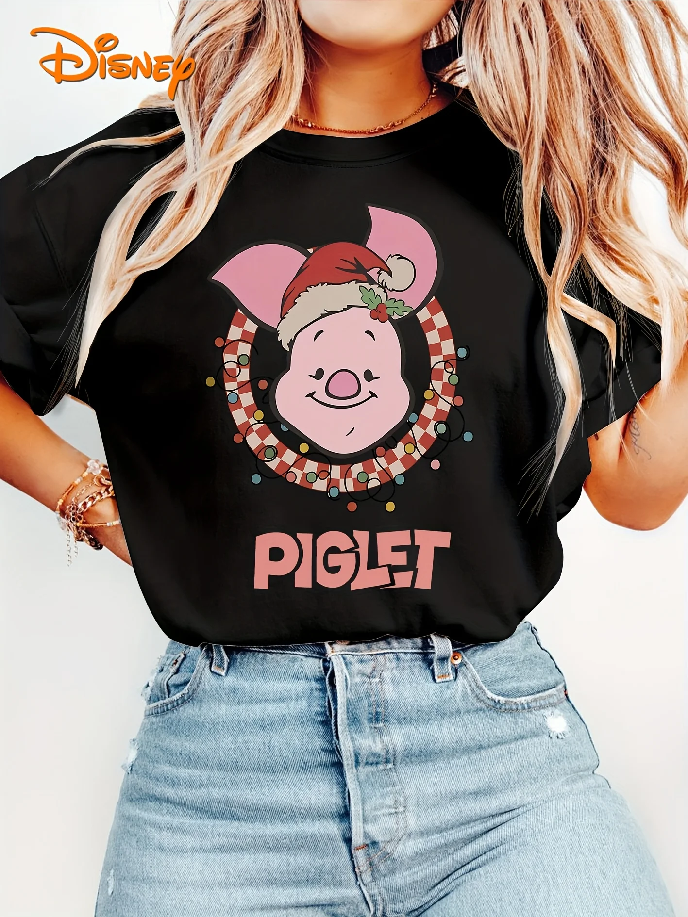 

Disney Ladies Beautiful Short Sleeved Christmas Cute Pig Piggy Wearing Christmas Hat, Christmas Wreath, Colorful Light Print