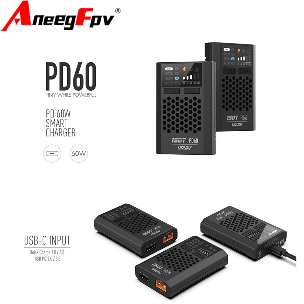 Ładowarka ISDT URUAV PD60 60W 6A z wejściem Type-C, balanser akumulatorów, ładowarka FPV do akumulatorów Lipo 1-4S do dronów RC, quadrocopterów i multirotorów