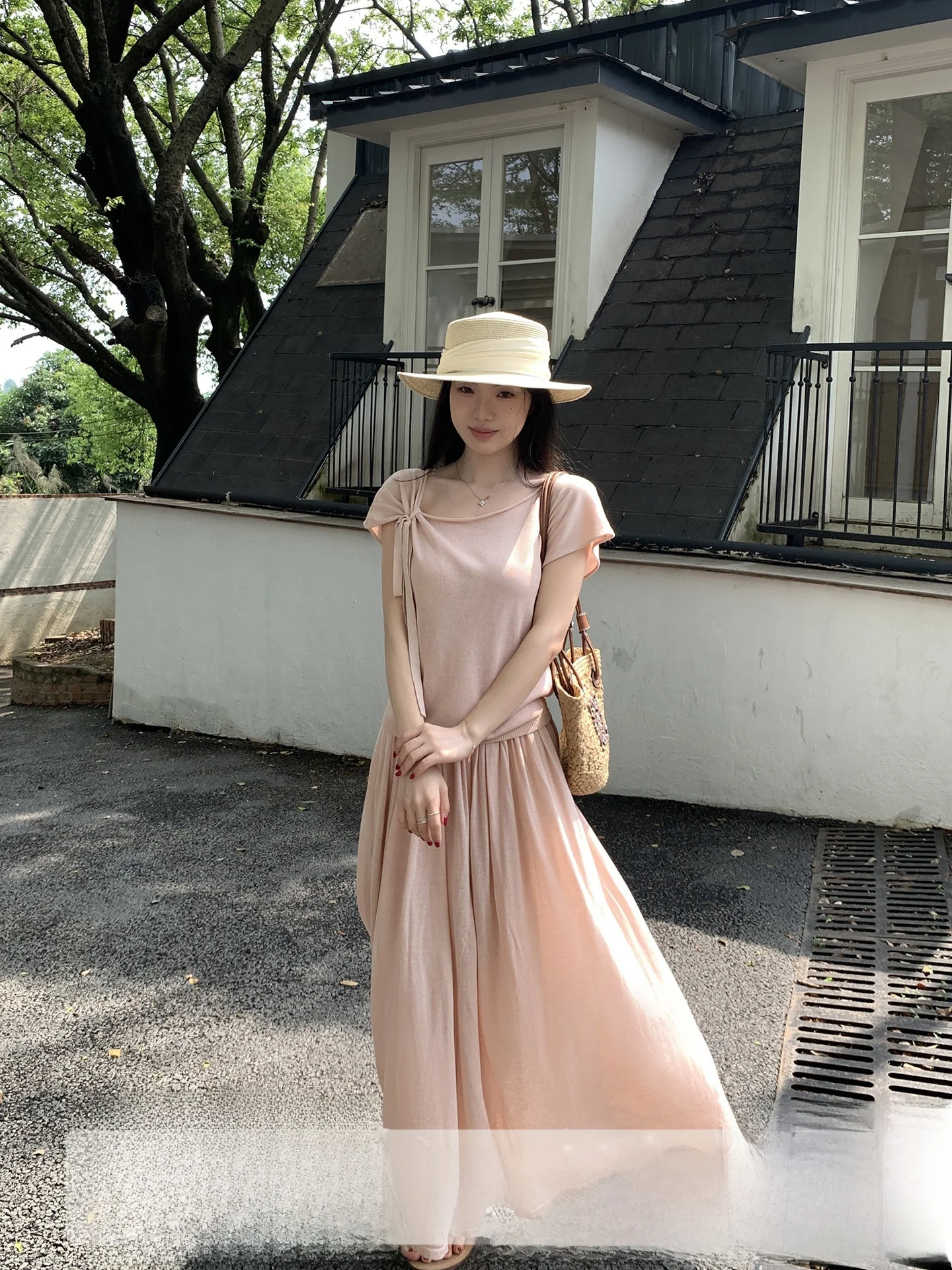 

Pink Asymmetrical Shoulder Knitted Sweater High Waist Skirt Two Piece Set Spring Fashion Korean Style Women's Ensemble