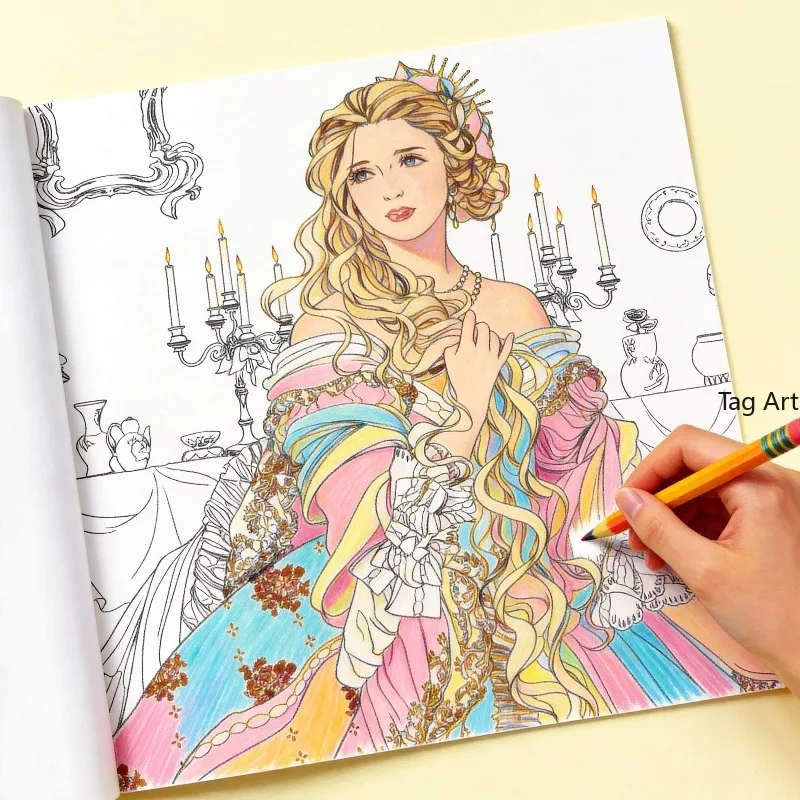 A European Style Retro Court Beauty Coloring Copy Book, with Aristocratic Girls, Floral Long Hair, and Character Themes 24 Pages