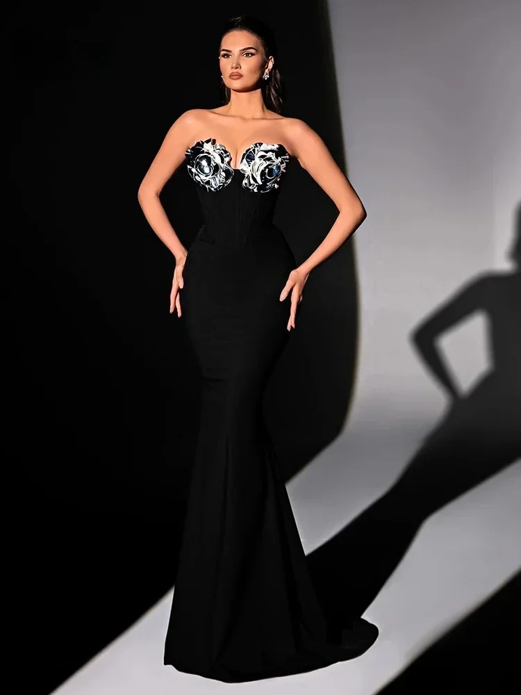 

VC Black Strapless 3D Structured Flowers Long Dress Patchwork Sleeveless Backless Mermaid Party Cocktail Evening Gown Vestido