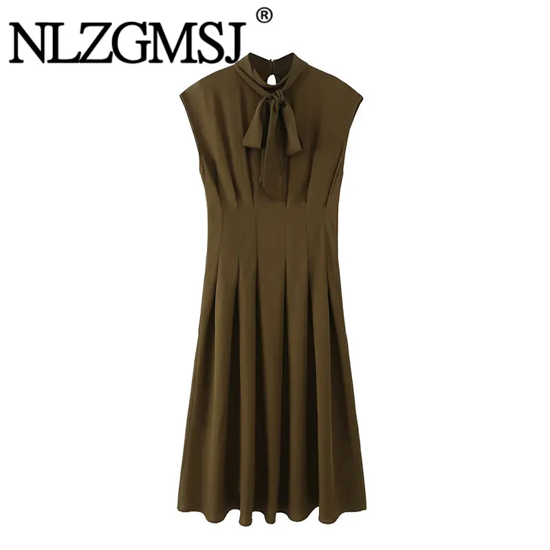Nlzgmsj 2026 Neues Damen-Kleid mit Schleifenkragen, Ärmellos, Plissiert, Tailliert, Elegantes Casual-Bürokleid in A-Linie