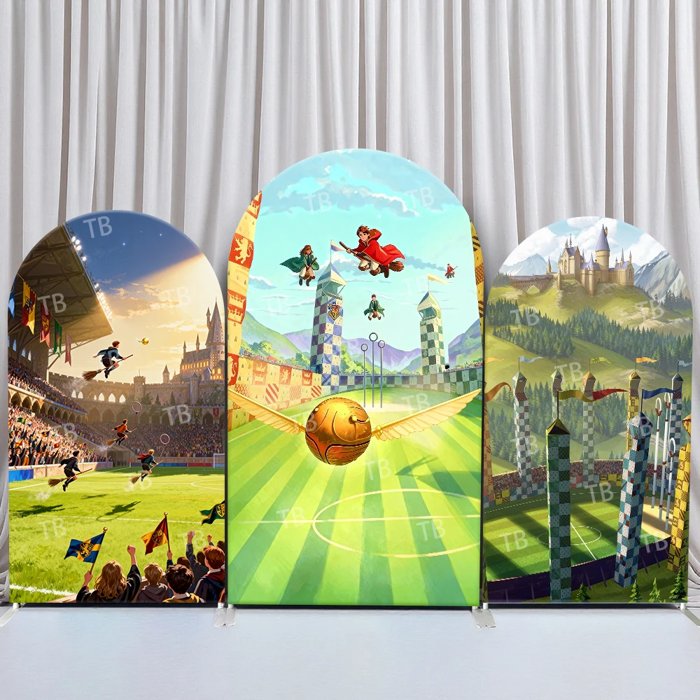 

Harry Potter Quidditch Stadium Golden Snitch Arch Backdrop Cover Vibrant Match Scene For Birthday Party Cute Wizard Photo Booth