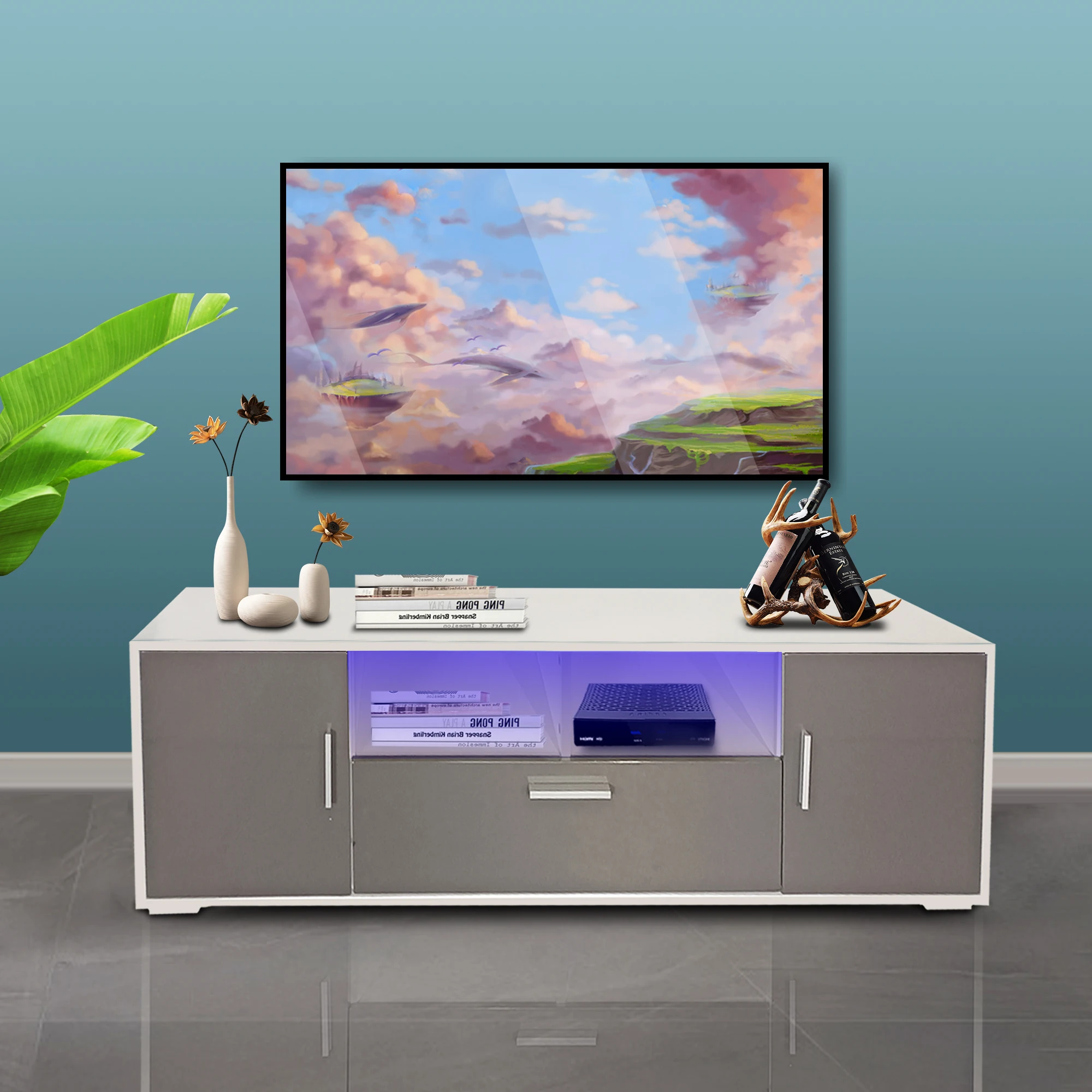 

White Gray Modern TV Stand with LED Lights High Glossy Front TV Cabinet 20 Minutes Quick Assemble [US-W]