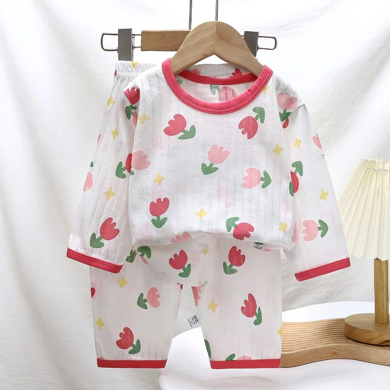New Boys Summer Pajama Loungewear Set Girls Kids Air-Conditioned Clothes Baby Casual HomeWear Children Loose Long Sleeves Pants