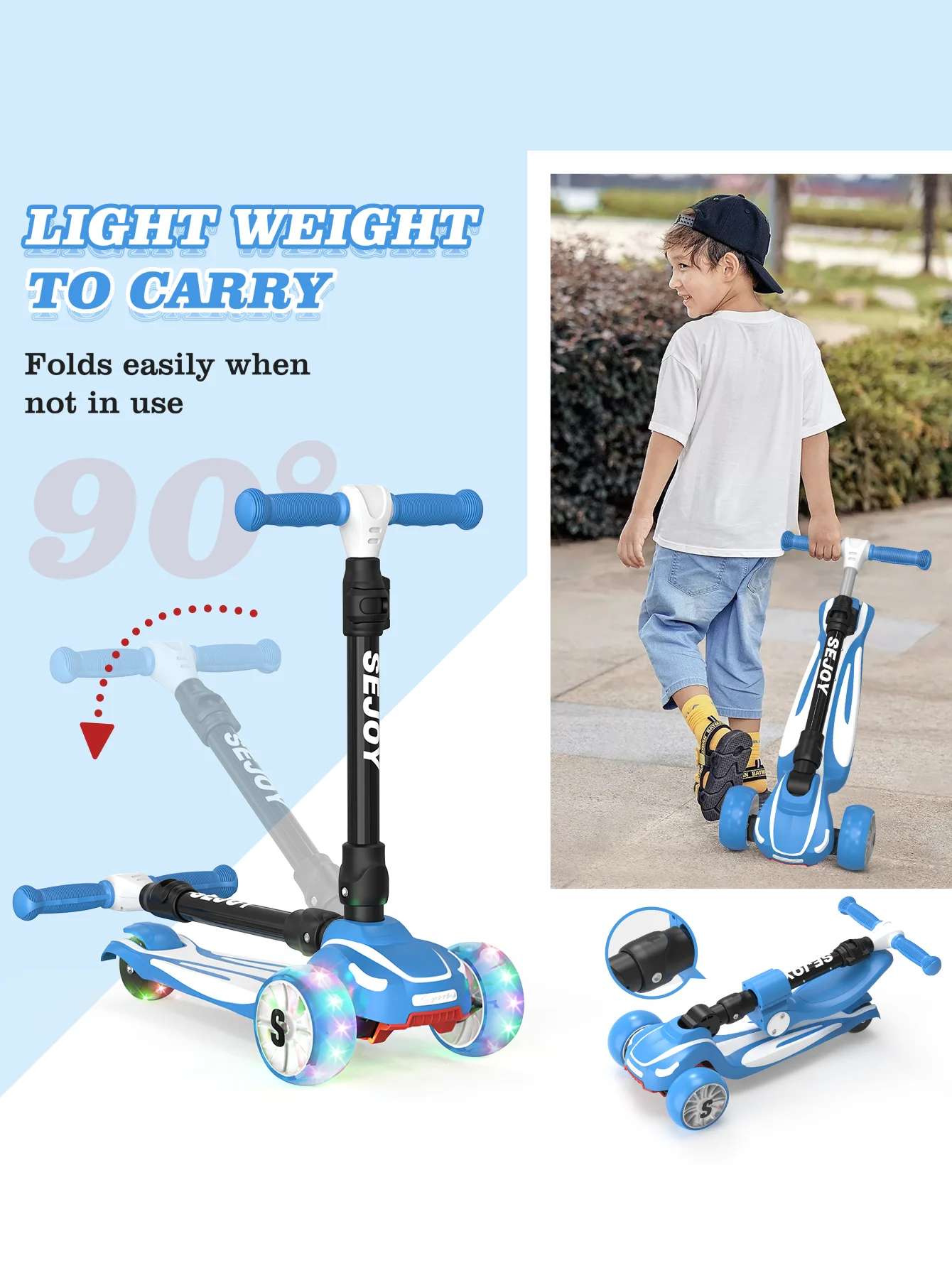 Sejoy 3-in-1 Kids Kick Scooter Driewielig met LED Knippert Lichtgewicht Kindervoetscooters In hoogte verstelbare scooter Sit/S