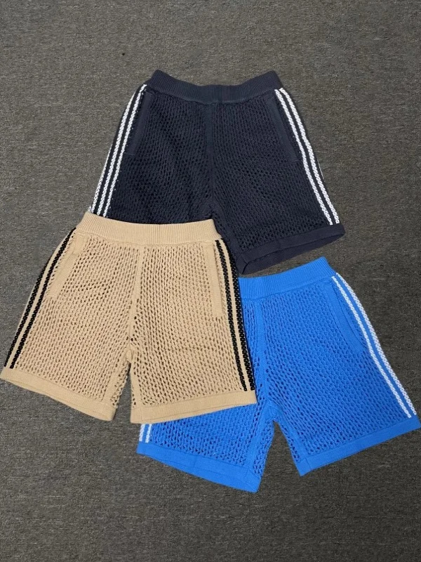

American Vintage Hollow out Knitted Stripe Men's orts Summer Loose Casual Me Breathable Five-Quarter Length Pants