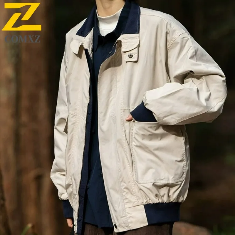 COMXZ Men Windbreaker Jacket Waterproof Stand Collar Outdoor Hiking Color Block Camping Jackets 2025 Walking Comfortable Coat