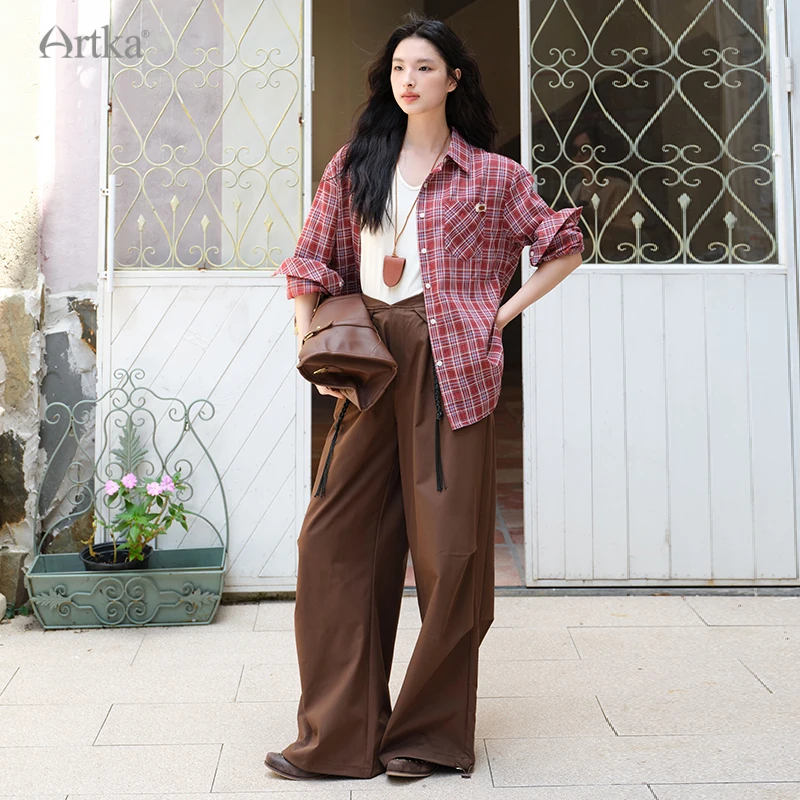 ARTKA 2025 Autumn New Women Pants Fashion Casual High Waist Drapping Straight Trousers Loose Wide Leg Pants With Belt KA52050Q