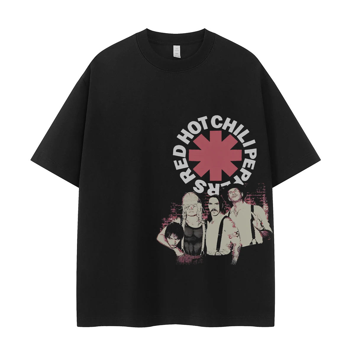 

Red Pepper Band's Retro American Street Portrait Print Niche Design Vtg Off-the-shoulder Rock Short-sleeved T-shirt