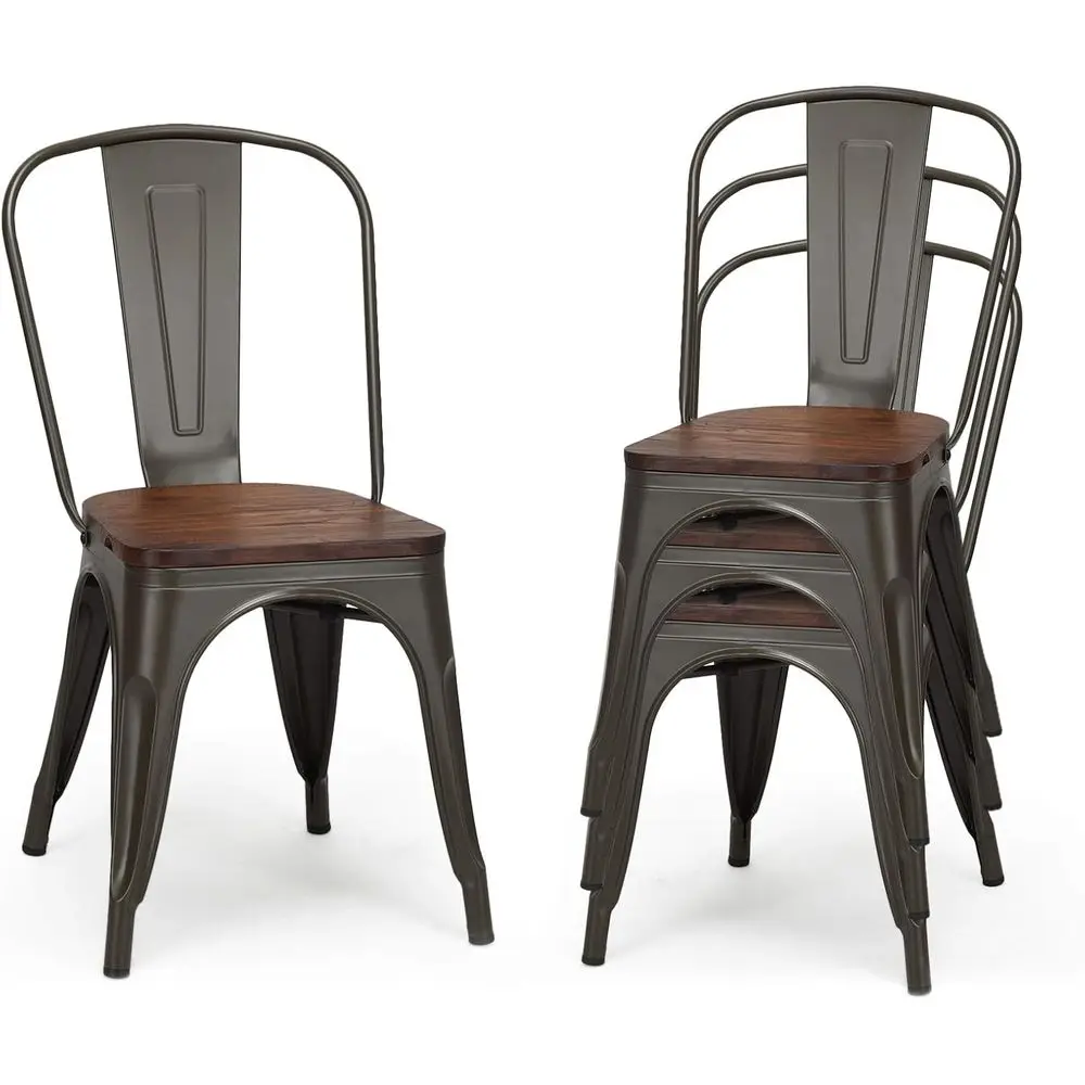 Dining Chair Set of 4, 18 Stackable Metal Chairs Set with High Backrest, Wood Seat & Non-Slip Foot Pads, Vintage Rustic Dining C