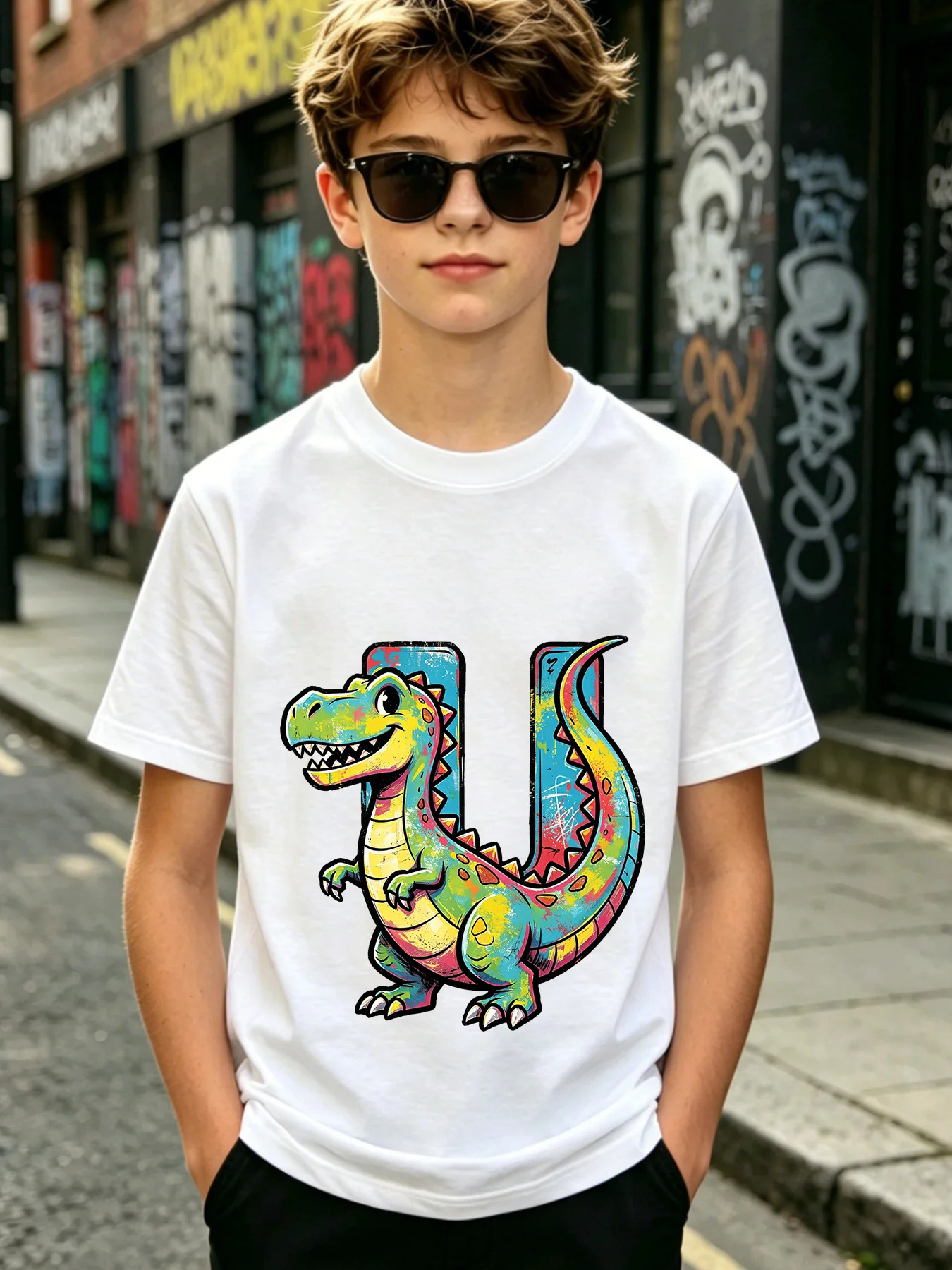Bright Rainbow Dinosaur Letter U Graffiti Print Kids Short Sleeve Tees Casual Streetwear Tops For Boys Girls Summr Daily Clothes