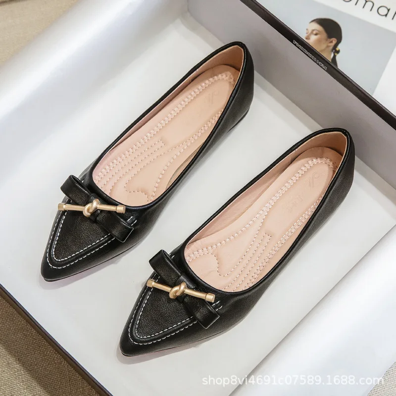 Big Size 33-43 Women Girls Flats Low Heel Simple Bowknot Pumps Office Lady Leahter Shoes Slip on Female Boat Shoes Ballet Flats