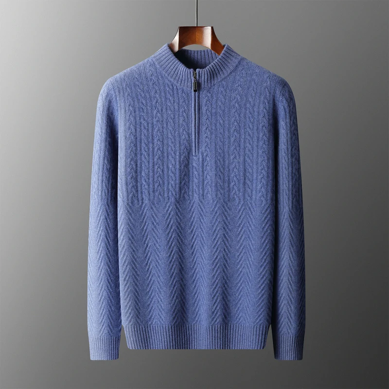 

Men's Half Zipper Stand up Collar Pullover Fashionable Old Money Style Knitted 100% Cashmere Sweater Casual Business Thick Top