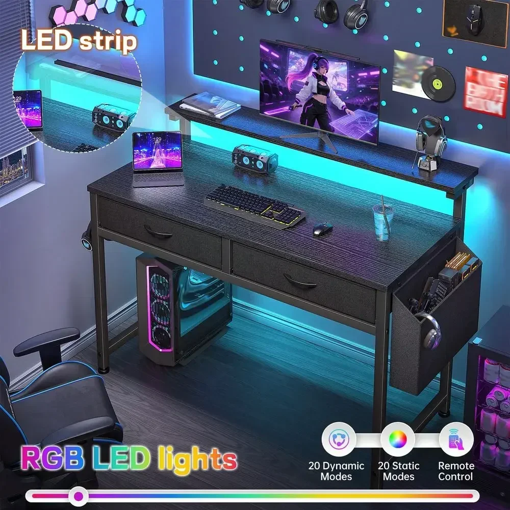 31.5 W Office Desk With LED Strip Lights Ergonomic Monitor Stand,Computer Desk With 2 Fabric Drawers And Side Pocket For Bedroo