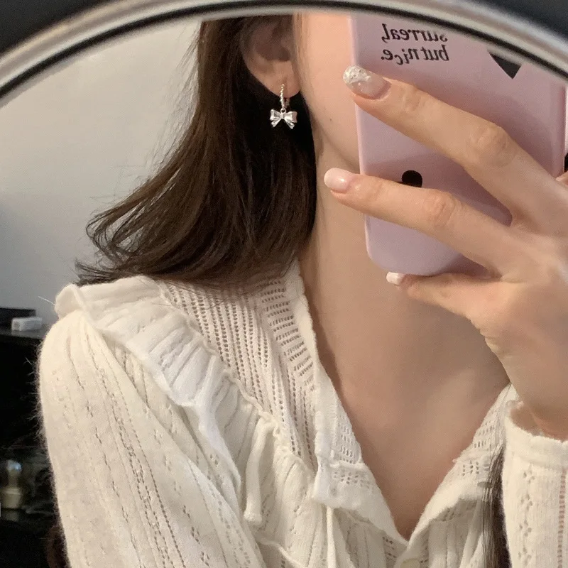 New 925 Sterling Silver Drop Earrings Hoop Cute Pendant Bowtie Ribbon For Women Girl Gift Jewelry Dropshipping Wholesale