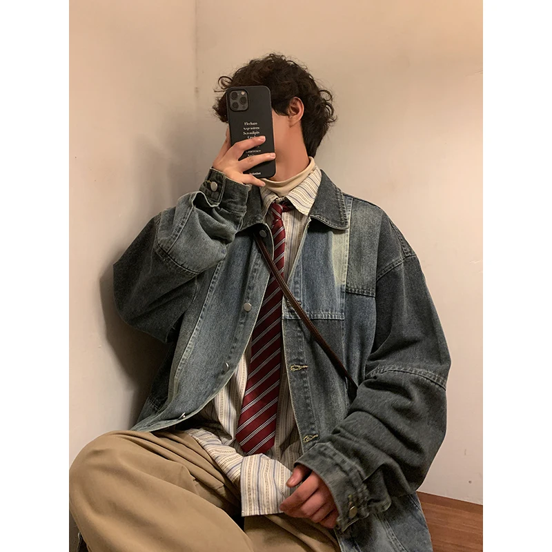 

Джинсовая куртка для подростков, весна-осень, модная, с декоративными вставками, в американском уличном стиле, на молнии, свободного кроя, ветрозащитная