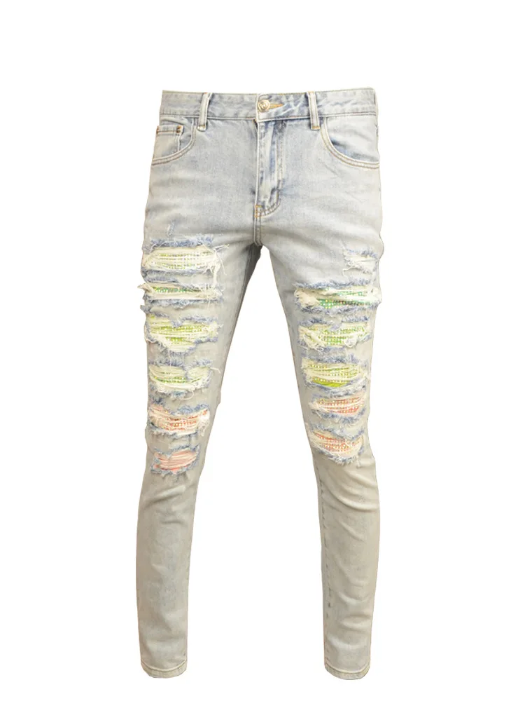 Light Color Hole Jeans Men's Motorcycle Fashion Scrape Design Stretch Slim Fit Skinny Patch Washed Distressed Men's Pants