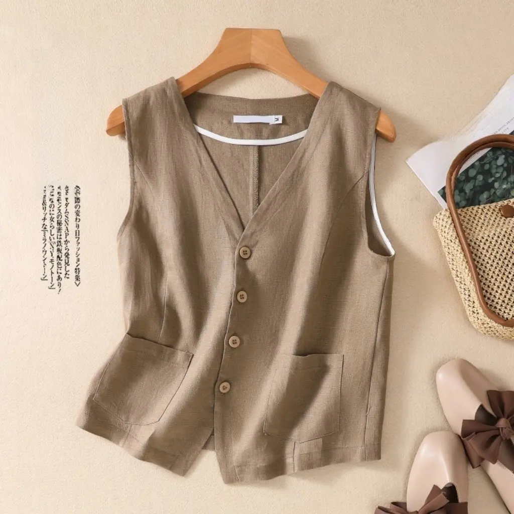 

Fashion Short Cotton Linen Vest Women's Sleeveless Cardigan Retro Casual Single-Layer Top for New Arrival