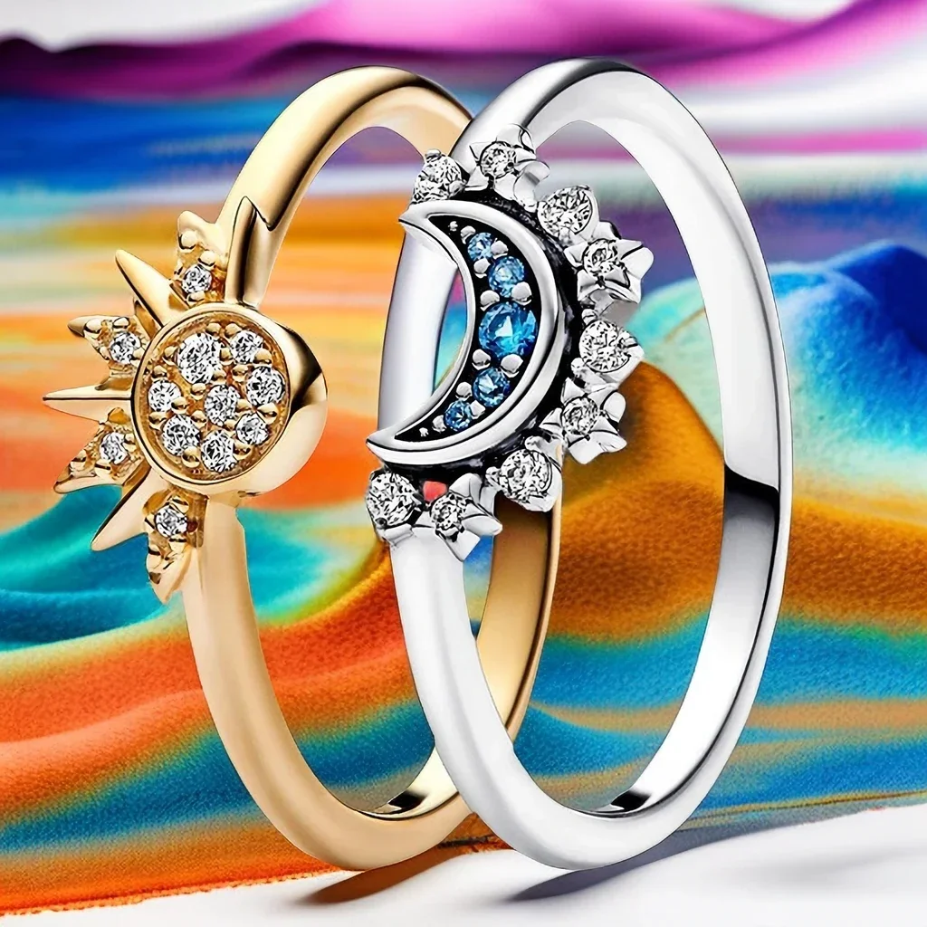 Juego de anillos de plata esterlina brillante para mujer, Sol Celestial, Luna Azul, joyería de boda, fiesta de compromiso clásica