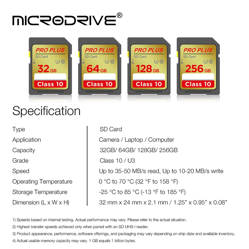 بطاقة SD قياسية A2 سعة 16 جيجابايت 32 جيجابايت 64 جيجابايت 128 جيجابايت 256 جيجابايت فئة 10 SDHC/SDXC بطاقات ذاكرة فلاش SD ذات حجم عادي للكاميرا